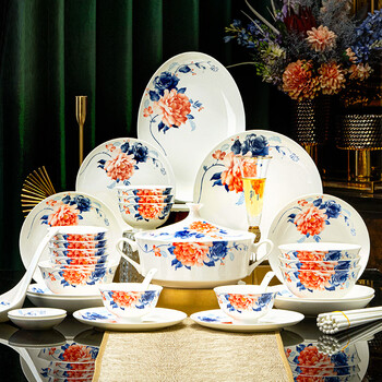 Guoyue jingdezhen bone china tableware set high temperature underglaze color ceramic bowls and plates complete set of chinese household dishes housewarming bowls and plates rich peony | underglaze color tableware gift box