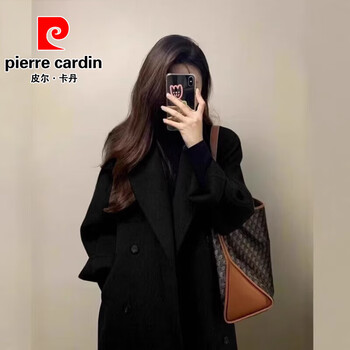 Pierre cardin gray double-sided cashmere coat women's autumn and winter new thickened liner wool woolen coat black cotton version xs