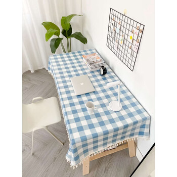 Yusenyi plaid desk tablecloth waterproof and oil-proof no-wash student dormitory table mat study dressing table cloth blue large grid tassel style 130x200cm