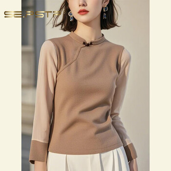 Xia dian suding queen (se.pstp) 2025 autumn and winter new style lazy style inner bottoming shirt with new chinese style national style coffee color plate button sweater for women coffee color top original light luxury big brand official flagship m recommended 90-105 pounds