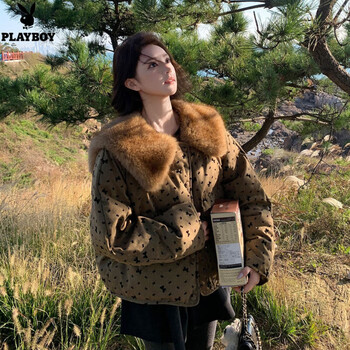Playboy (playboy) doll coffee color polka dot printed fur collar down jacket winter short 2026 new duck down jacket for small people official flagship s weight within 105 jin