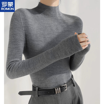 Romon gray half turtleneck sweater for women autumn and winter warm slim sweater with long-sleeved mid-collar top, gray version s