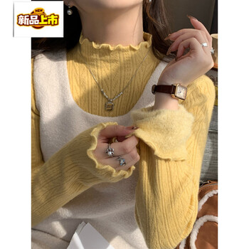 New autumn and winter yellow half-turtleneck sweater for women, new winter velvet thickening bottoming shirt, one-piece velvet top, corn yellow plus velvet s (80-105 pounds)
