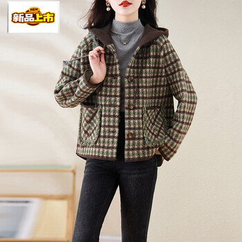 Chujing xiaoxiang style hooded jacket for women spring and autumn new casual loose short woolen top autumn and winter green l