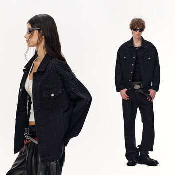 Climax vision starry glossy diamond loose denim jacket washed distressed jacket same style for men and women black s