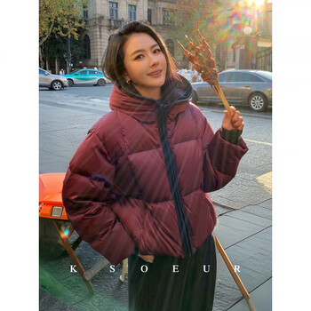 Ksoeur k sister double duck 95 white duck down satin color matching loose hooded down jacket for women bordeaux red l (125-145 pounds)