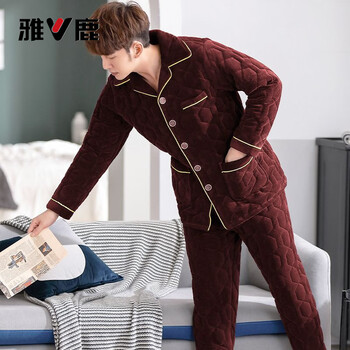 Yalu winter men's pajamas, three-layer quilted, thickened and velvet, simple warm coral velvet, extra-thick cotton jacket, home wear set, burgundy, three-layer quilted suit, thickened with velvet, l, weight 110-130 catties