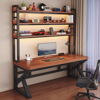 Yusenyi bookshelf desk all-in-one desk storage rack desktop computer desk gaming desk student writing desk three-layer bookshelf walnut color + black shelf 5 extra thick desktop 140x70x75