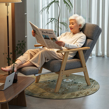 Svago lazy solid wood sofa chair for the elderly, reclining single sofa, balcony lunch break lounge chair, long-term sitting comfort chair, waist protection chair, gray skin-friendly chenille