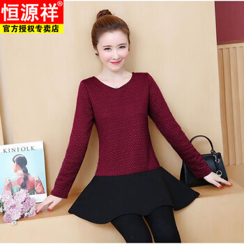 Hengyuanxiang plus velvet but not velvet bottoming dress plus size autumn and winter age-reducing loose long-sleeved t-shirt slimming mid-length 2025 burgundy thin l recommended 100-115 pounds