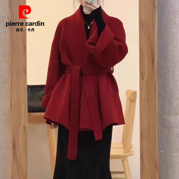 Pierre cardin red double-sided cashmere coat women's short 2025 autumn and winter new small style woolen coat red xs
