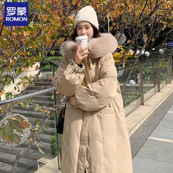 Luo meng down jacket women's mid-length 2025 new soft european bag design niche hooded fur collar thickened jacket milk milk tea color s 80--110 catties