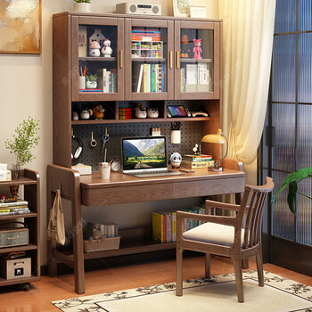 Huixun solid wood desk and bookshelf integrated liftable bedroom bedside study desk simple study office storage table fas grade rubber wood without veneer walnut #desk + bookshelf 100cm*60cm*79cm total height 199cm