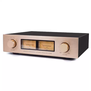 High-fidelity fully balanced remote control preamplifier replica of the classic c-245 line hifi audiophile-grade preamplifier c-245 balanced preamplifier yellow bottom meter