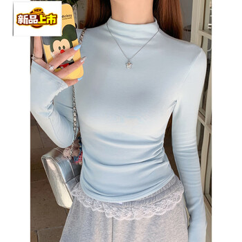 Early diameter brushed bottoming shirt for women in autumn and winter with blue half-high collar long-sleeved t-shirt new style plus velvet slim fit top blue brushed plus velvet m (80-105 pounds)