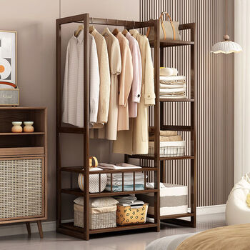 Cat wardrobe bedroom storage rack assembly strong and durable wardrobe double rod model walnut color length 55cm no doors