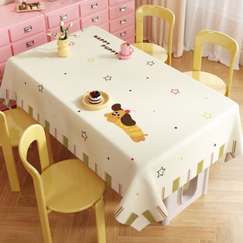Fantasy cream style tablecloth, high-end coffee table tablecloth, waterproof, oil-proof and anti-scalding rectangular cartoon ins style tablecloth 140x220cm (suitable for 6-person table, huahua and xiaobai, oil-proof, anti-scalding, easy to clean