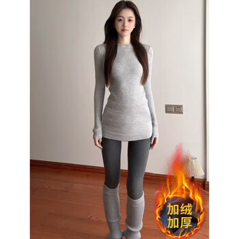 Ruyal mid-length round neck velvet bottoming shirt for women in autumn and winter, slim and warm long-sleeved t-shirt to cover the buttocks and put on clothes, gray velvet l