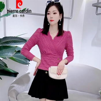 Pierre cardin (pierre cardin) french fashion western style lace shirt women's autumn and winter new style velvet bottoming shirt versatile long sleeve chic top rose red + s 80-100 jin