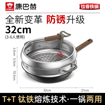 Lao luo kangbach titanium fragrant iron pot non-stick pan household uncoated wok gas induction cooker press conference 32cm titanium fragrant iron pot + steamer + mushroom