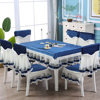 Fantasy new chinese lace dining chair cushion tablecloth set round table long table dining table cloth chair cushion cover simple chair cover diamond blue velvet 4 chair cushion back 130x180cm tablecloth