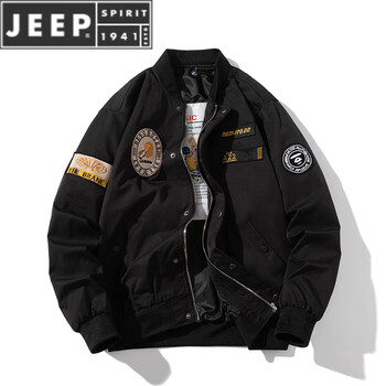 Jeep spiritnasa autumn and winter american retro loose baseball uniform bomber jacket men and women couples thickened cotton coat black (spring and autumn thin style) hoodless s (80-100 pounds)