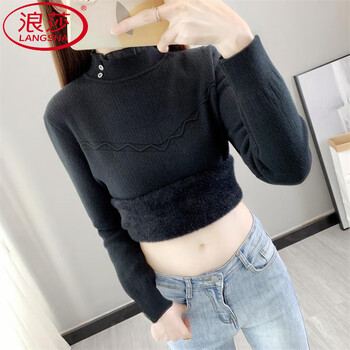 Langsha versatile half-turtle collar velvet bottoming shirt for women in autumn and winter new style lace-trimmed knitted sweater slim all-in-one velvet sweater black high-quality all-in-one velvet s 80-95