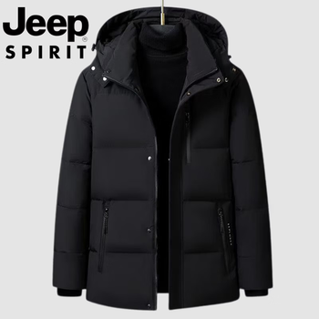 Jeep international brand down jacket men's winter middle-aged thickened warm casual windproof hooded short cold-proof jacket black upgraded version m