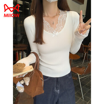 Miiow white lace spliced long sleeve t-shirt women's 2025 autumn bow pure desire hot girl slim fit bottoming top white s