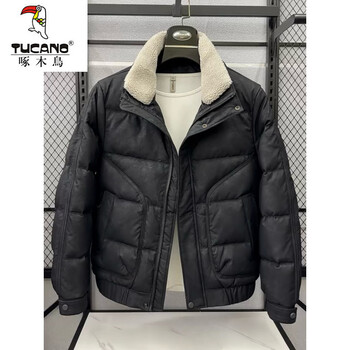 Woodpecker (tucano) 2025 winter new leather down jacket men's trendy style detachable fur collar cold-proof jacket thickened winter jacket black m