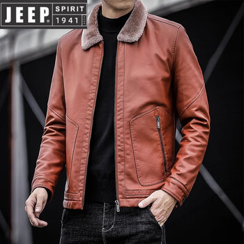 Jeep spirit winter fur all-in-one jacket men's european leather jacket plus velvet lapel slim leather jacket trendy autumn new product 2053 red brown (thick velvet) l 116-130 catties