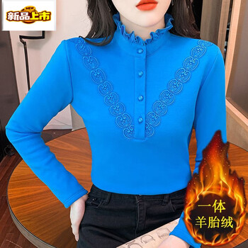 Early diameter high collar lace pure cotton long sleeve autumn and winter warm new style plus velvet thickened foreign style middle-aged mother's bottoming outer top blue one-piece velvet 8212 style thickened s suitable for 85-95 pounds
