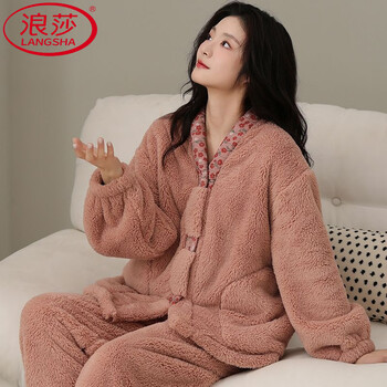 Langsha high weight winter thickened pajamas women's coral velvet new style wearable home clothes large size velvet warm suit yh1137v collar-orange pink counter edition m recommended wearing weight (85-100 catties)
