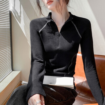 Yalu double-sided german velvet zipper long-sleeved top for women 2025 autumn and winter new high-neck slim fit inner plus velvet warm base layer black m 101-110 catties