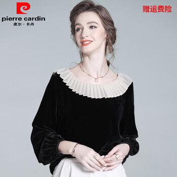 Pierre cardin black velvet bottoming shirt for women spring and autumn 2026 new lotus leaf doll collar small fragrance fashion gold velvet top temperament black l 105-115