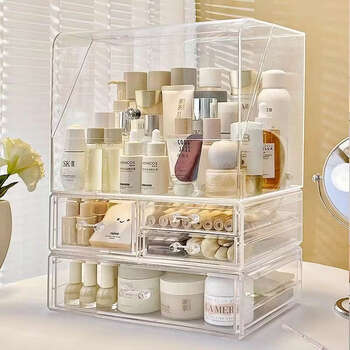 Yusen yipin storage box desktop dustproof dressing table skin care product storage rack transparent organizing cabinet square top three small drawers single large drawer