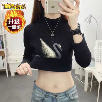 Small diameter plus velvet knitted sweater, short style, new autumn and winter thick warm lace half turtleneck bottoming sweater knitted top, black, fine one-piece velvet m 95-105 catties