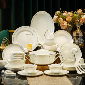 Red peony jingdezhen bone china bowl set household ceramic dishes and tableware light luxury gold edge bowls and plates underglaze color housewarming bowls and chopsticks gold edge underglaze color 70-piece set | brocade box