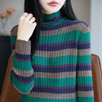 Contrast color striped half turtleneck knitted bottoming shirt for women autumn and winter thick sweater top green striped 3xl recommended 130-140 catties