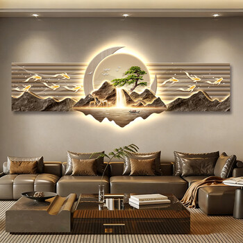 Ideological modern light luxury living room decorative painting with backrest sofa background wall hanging painting led light high-end landscape mural e3337-shiyun jiuyu 120*26+46*40 (total superimposed length 120) without lights high-definition uv carving + crystal porcelain scratch-resistant double-layer three-dimensional crystal porcelain scratch-resistant screen