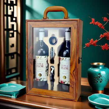 Fantasy double red wine gift box wooden box with window opening and transparent 2 bottles of wine gift box (wine not included) rosewood double box with window opening (wine not included)