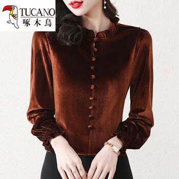 Woodpecker (tucano) women's bottoming shirt that can be worn as an inner layer, foreign style 2025 spring and autumn new style gold velvet mom wear fashionable bottoming shirt, brown m 80-94 pounds