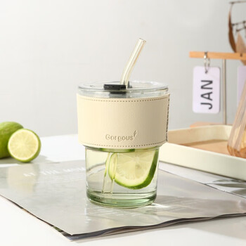Wedgwood quality same style internet celebrity bamboo cup ins style straw coffee cup store celebration advertising gift glass water cup winter transparent style + cup sleeve + straw | 400ml