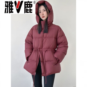 Yalu goose down hooded waist down jacket for women 2026 winter new style light and warm high-end puff mid-length slim coat angora red s