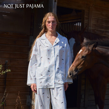 Not just pajama pony silk twill long sleeve pajama set blue plaid horse print xl