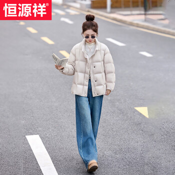 Hengyuanxiang beige knitted stand collar puff down jacket women's winter 2026 winter new style giant good-looking 90 white duck down jacket light gray m