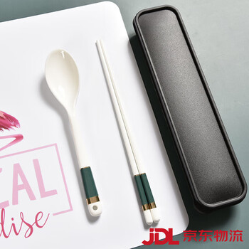Complete portable ceramic tableware three-piece set, high-looking ins style light luxury internet celebrity style ceramic chopsticks and spoons new portable three-piece set emerald gold