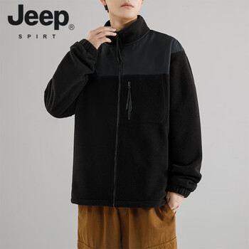 Jeep spirit american austrian velvet casual stand collar jacket men's 2026 autumn and winter new windproof versatile color block cardigan jacket black m