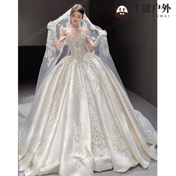 Tlxt wedding dress bridal main yarn trailing satin one-shoulder high-end light wedding dress 2025 new bridal heavy industry luxury white floor-length wedding dress m