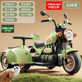 Fg flying pigeon children's electric car motorcycle 1-3-6 years old boys and girls baby car can sit on and charge double remote control toy car flying pigeon green flagship edition dual drive remote control + bluetooth music + large battery + leather seat + sidecar